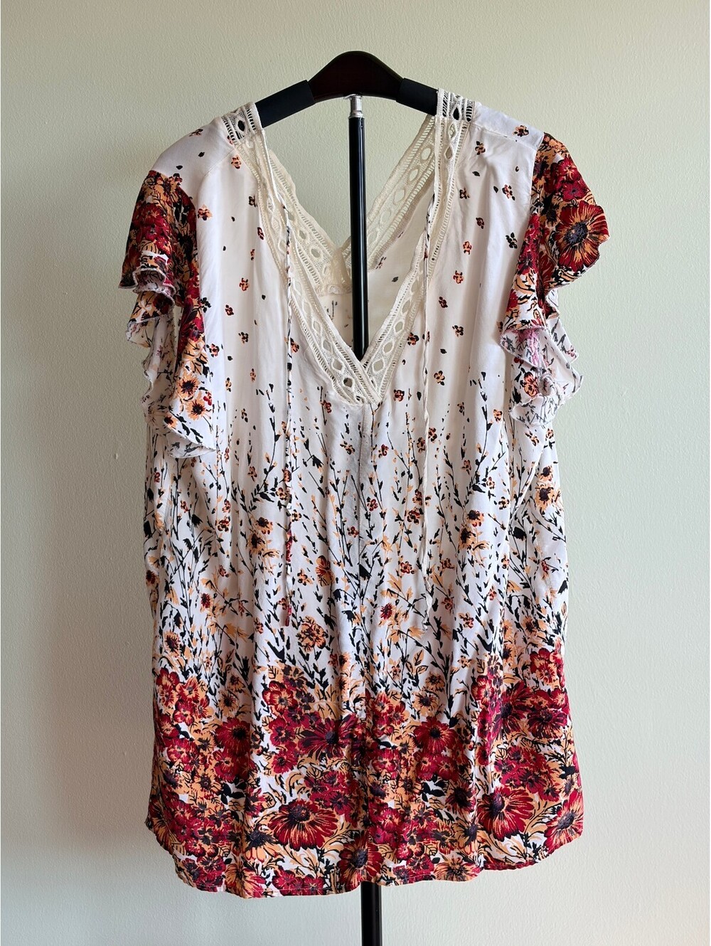 Suzanne Betro Women's 4X Floral Boho Tunic Top Lace V-Neck Ruffle Sleeve